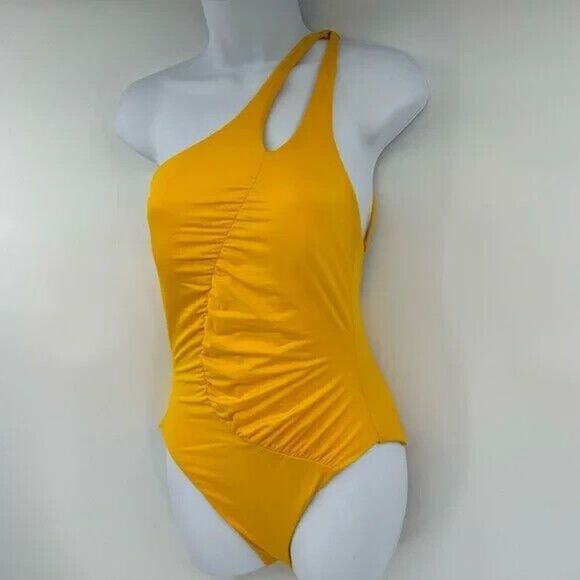 SOLUNA RUCHED Sheer Delight ONE SHOULDER One-Piece SWIMSUIT yellow gold size M - Picture 1 of 12